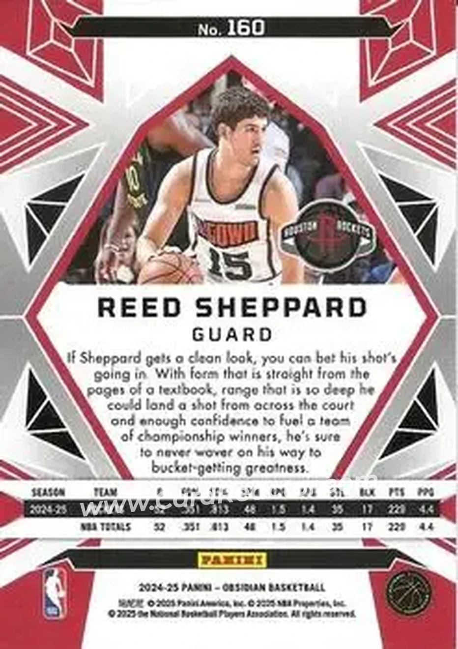 2024-25 Panini Obsidian #160 - Reed Sheppard - Houston Rockets - Back