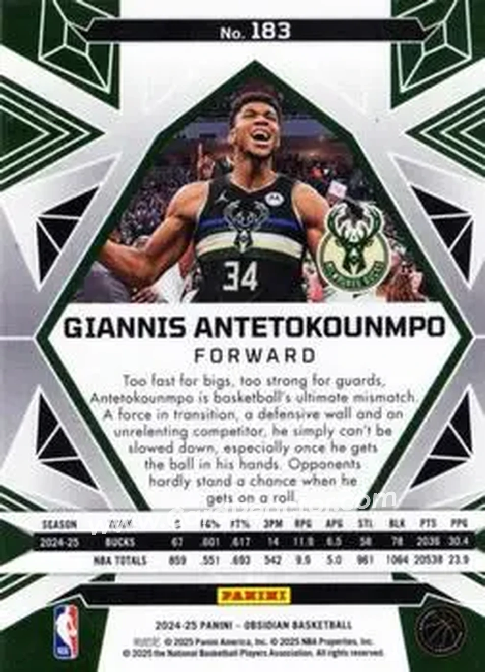 2024-25 Panini Obsidian #183 - Giannis Antetokounmpo - Milwaukee Bucks - Back