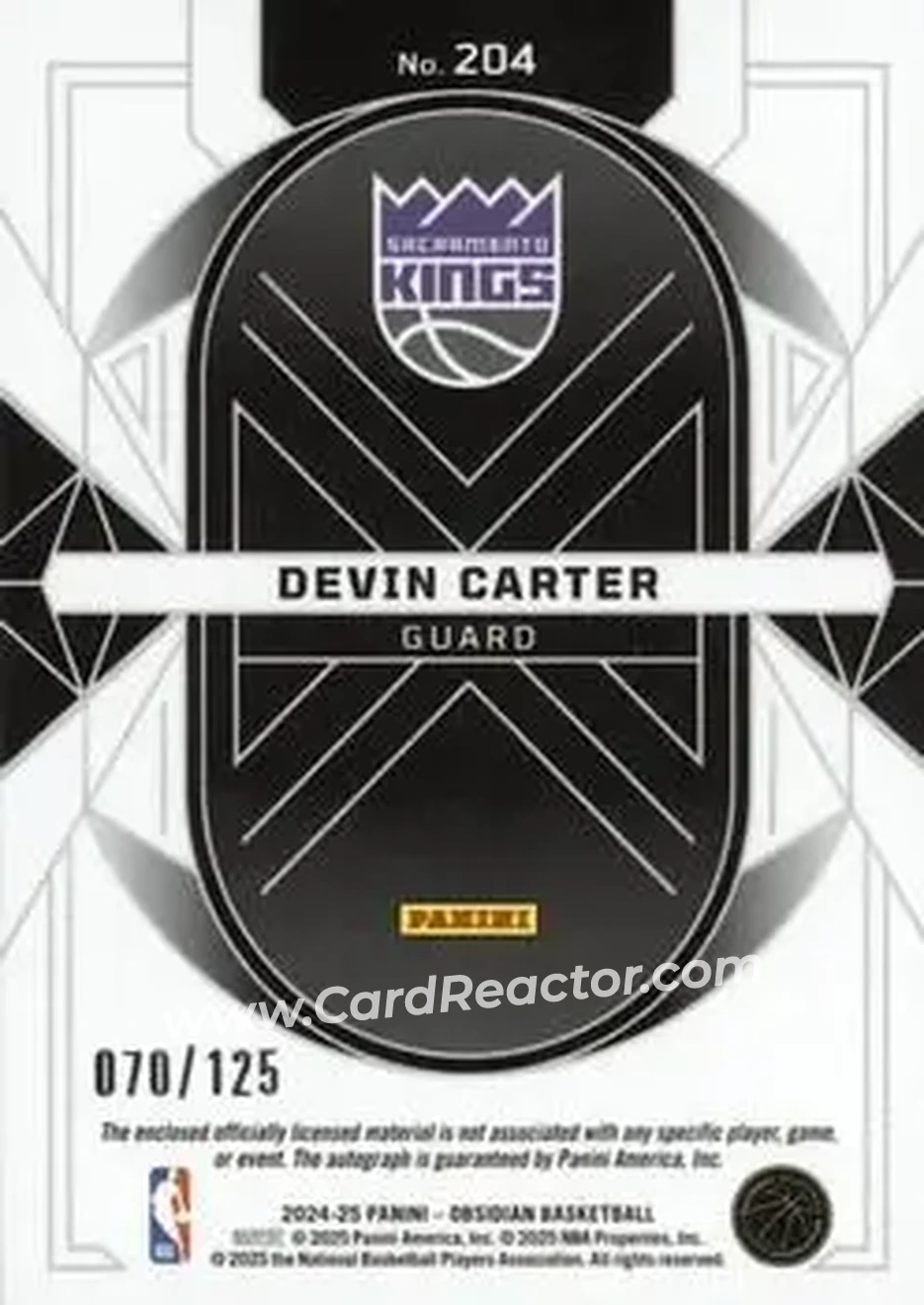 2024-25 Panini Obsidian #204 - Devin Carter - Sacramento Kings - Back