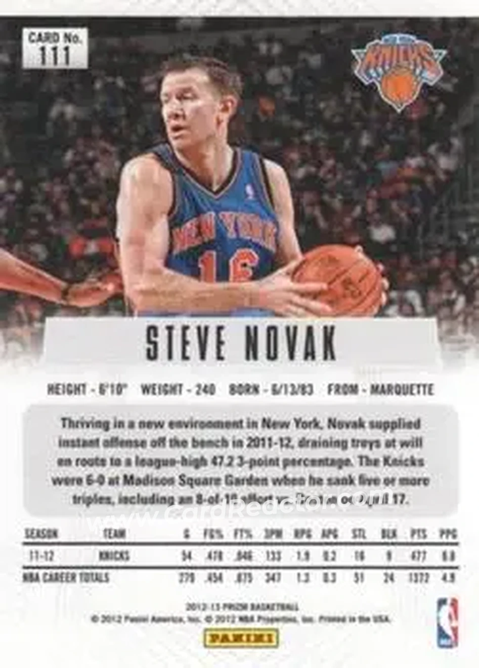2012-13 Panini Prizm #111 - Steve Novak - New York Knicks - Back