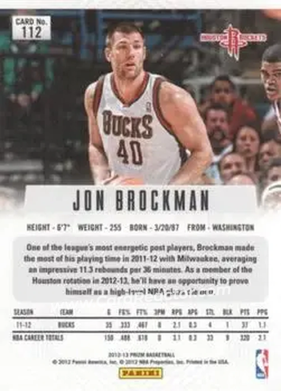 2012-13 Panini Prizm #112 - Jon Brockman - Houston Rockets - Back