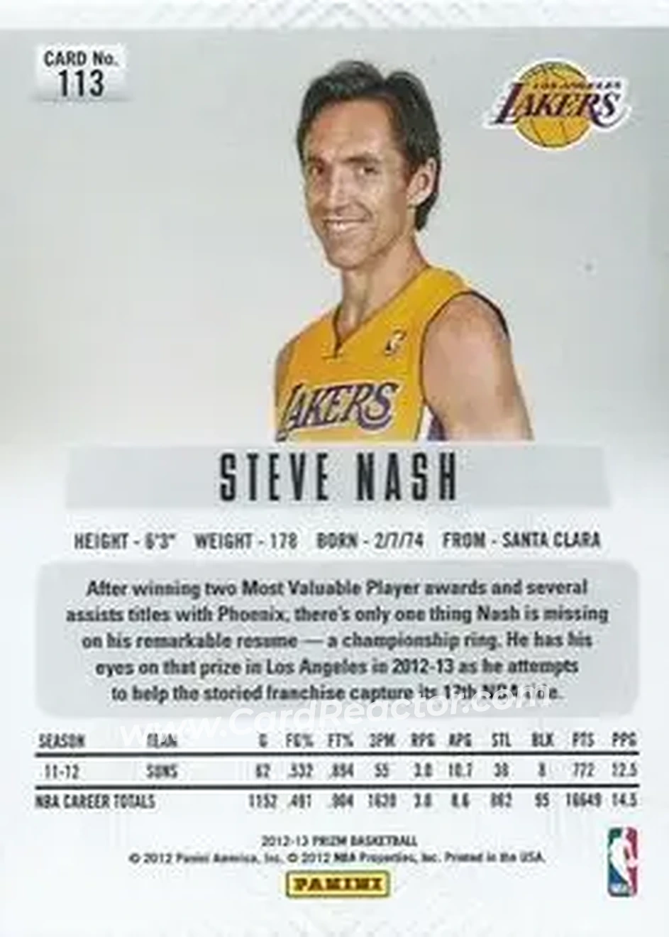 2012-13 Panini Prizm #113 - Steve Nash - Los Angeles Lakers - Back
