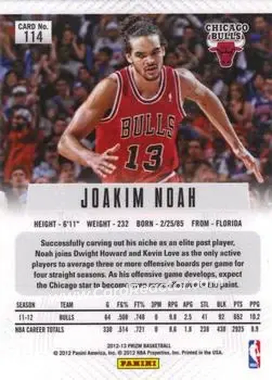 2012-13 Panini Prizm #114 - Joakim Noah - Chicago Bulls - Back