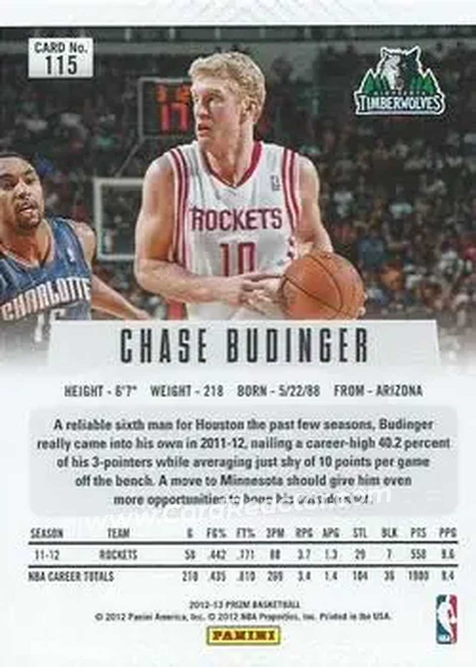 2012-13 Panini Prizm #115 - Chase Budinger - Minnesota Timberwolves - Back