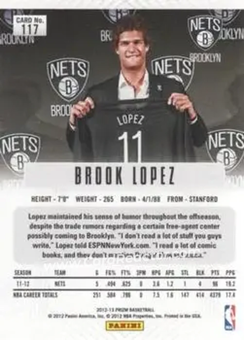 2012-13 Panini Prizm #117 - Brook Lopez - Brooklyn Nets - Back