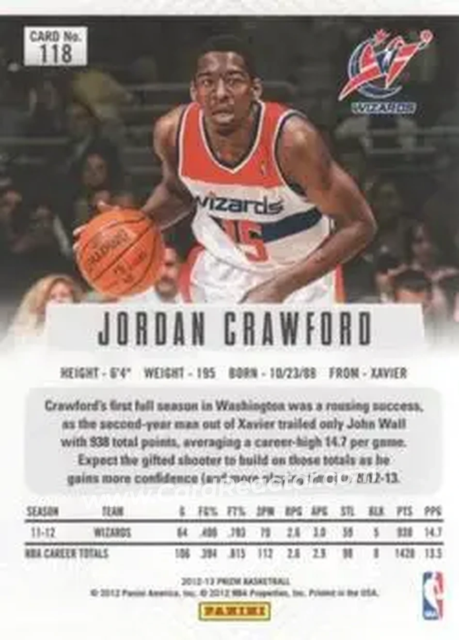 2012-13 Panini Prizm #118 - Jordan Crawford - Washington Wizards - Back