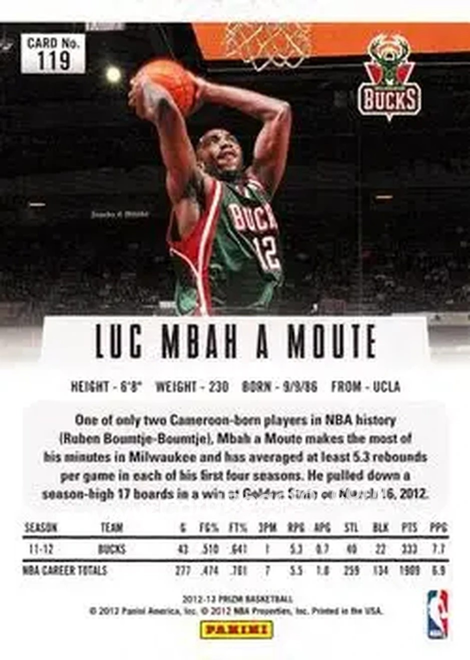 2012-13 Panini Prizm #119 - Luc Mbah a Moute - Milwaukee Bucks - Back
