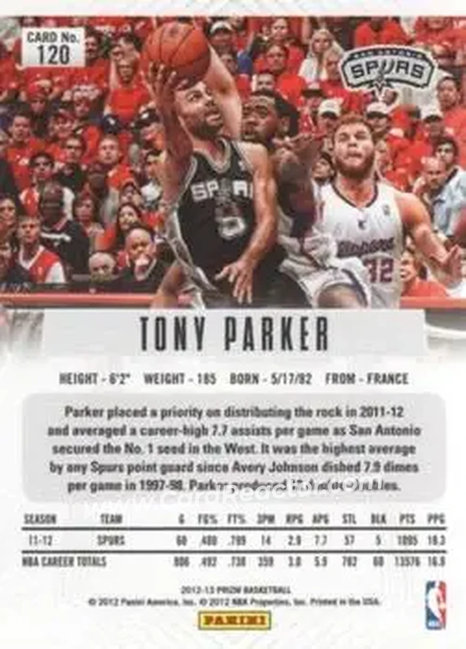 2012-13 Panini Prizm #120 - Tony Parker - San Antonio Spurs - Back