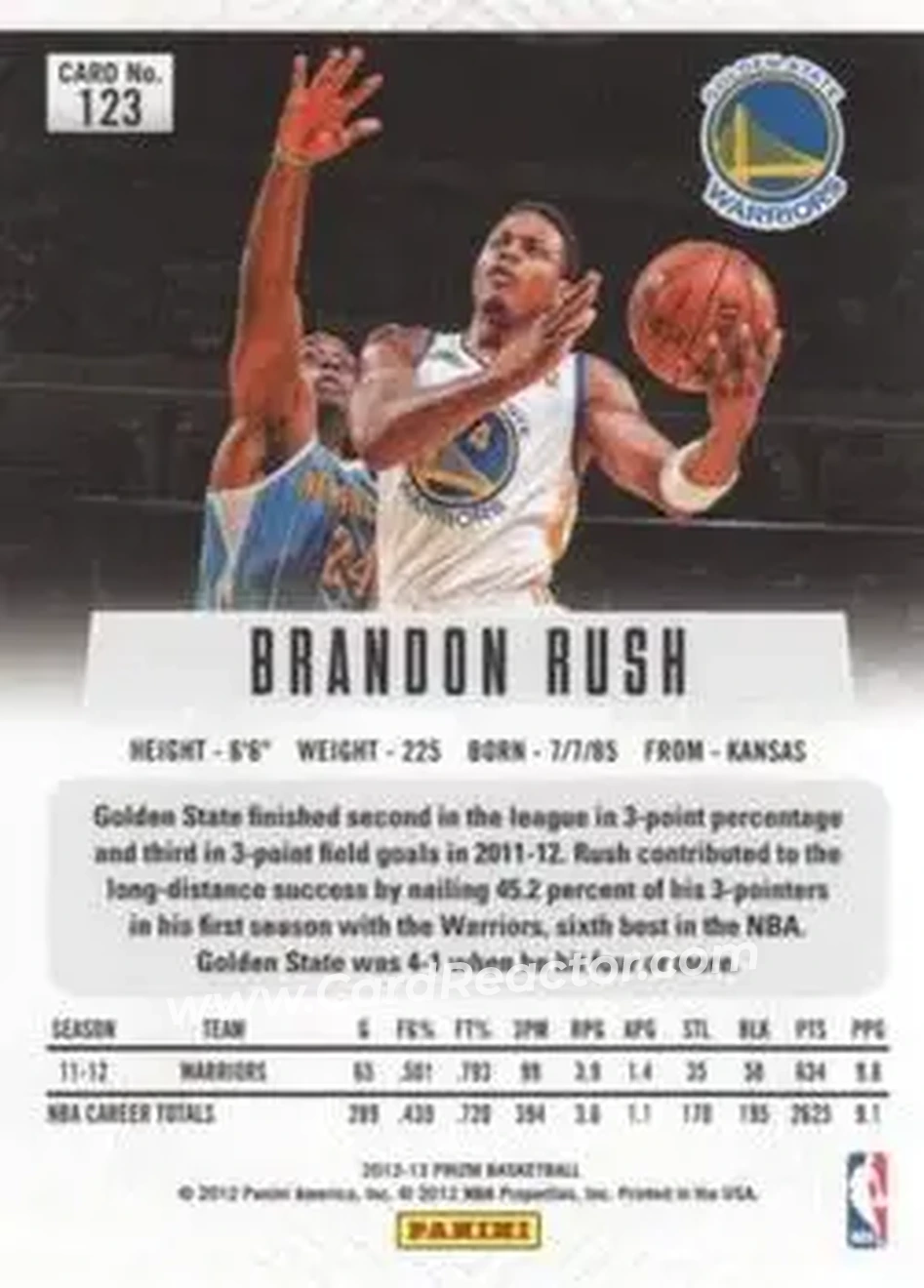 2012-13 Panini Prizm #123 - Brandon Rush - Golden State Warriors - Back