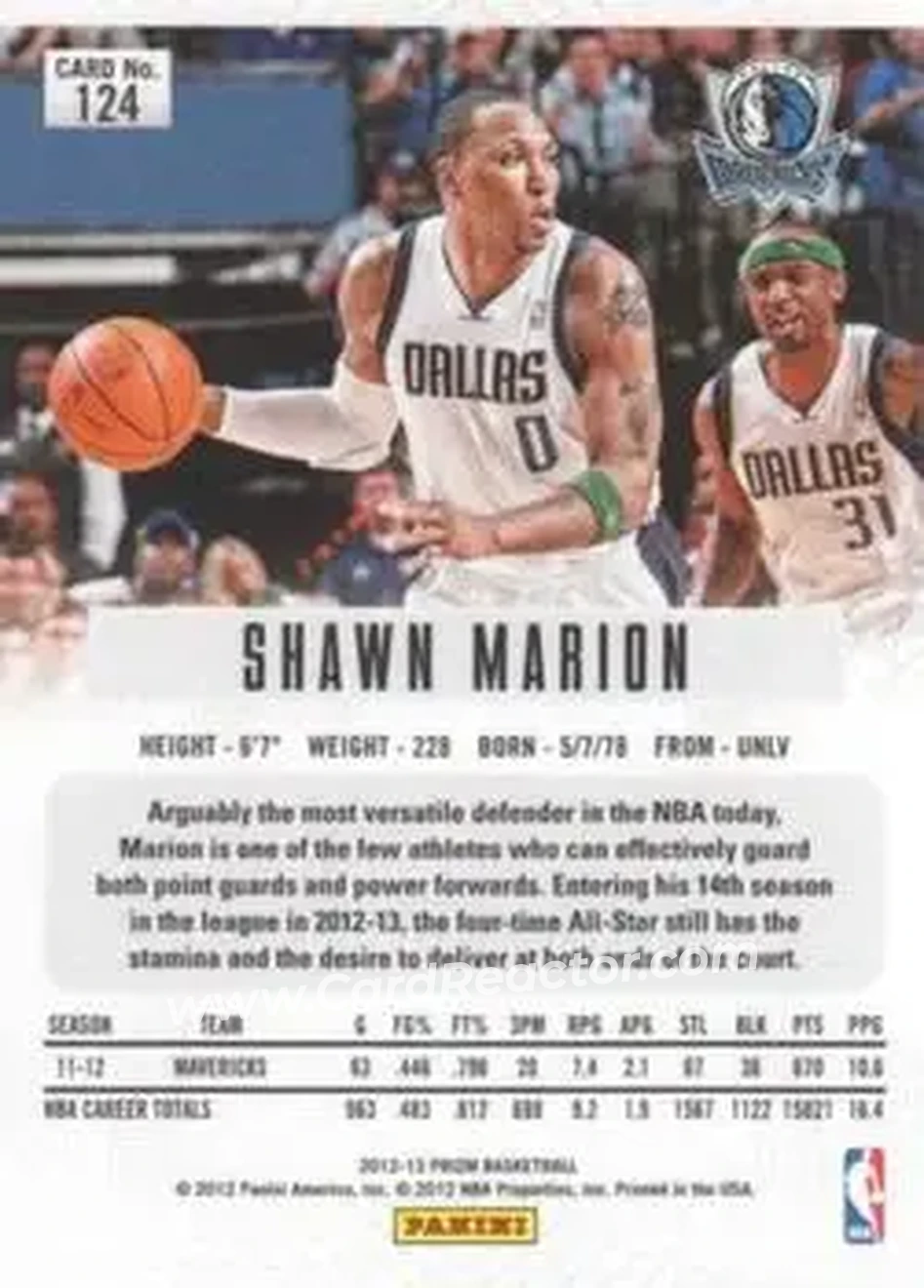 2012-13 Panini Prizm #124 - Shawn Marion - Dallas Mavericks - Back 2012-13 Panini Prizm #124 - Shawn Marion - Dallas Mavericks - Back