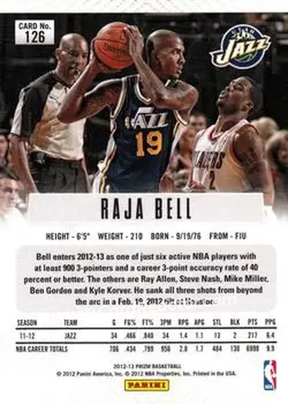 2012-13 Panini Prizm #126 - Raja Bell - Utah Jazz - Back