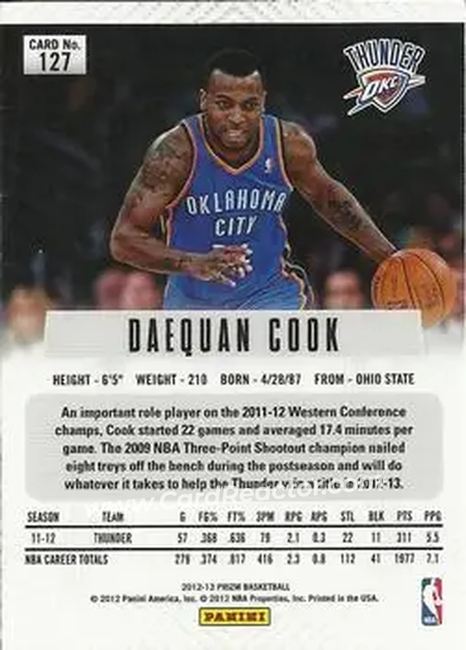2012-13 Panini Prizm #127 - Daequan Cook - Oklahoma City Thunder - Back 2012-13 Panini Prizm #127 - Daequan Cook - Oklahoma City Thunder - Back