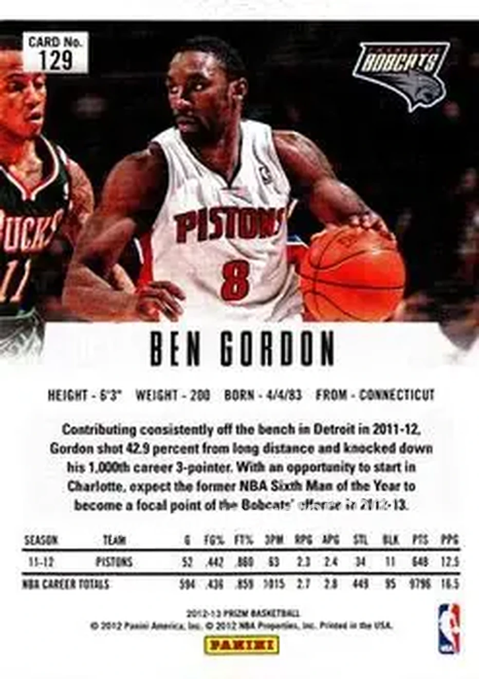 2012-13 Panini Prizm #129 - Ben Gordon - Charlotte Bobcats - Back