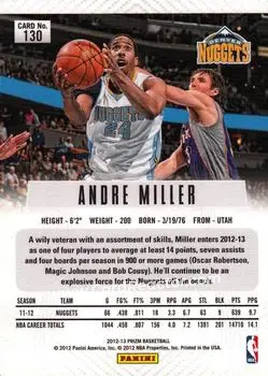2012-13 Panini Prizm #130 - Andre Miller - Denver Nuggets - Back