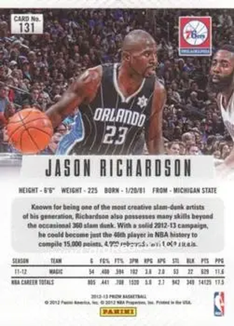 2012-13 Panini Prizm #131 - Jason Richardson - Philadelphia 76ers - Back 2012-13 Panini Prizm #131 - Jason Richardson - Philadelphia 76ers - Back