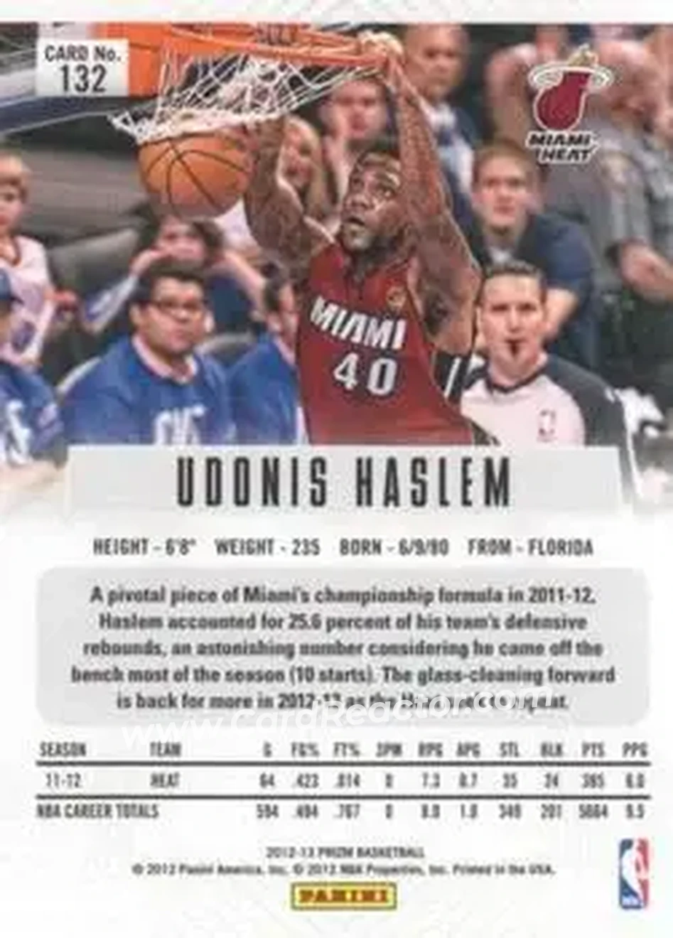 2012-13 Panini Prizm #132 - Udonis Haslem - Miami Heat - Back