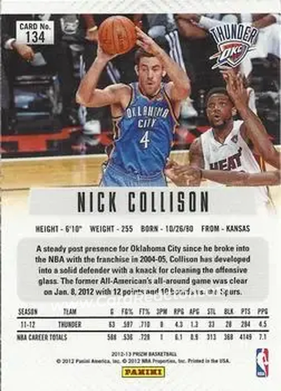 2012-13 Panini Prizm #134 - Nick Collison - Oklahoma City Thunder - Back 2012-13 Panini Prizm #134 - Nick Collison - Oklahoma City Thunder - Back