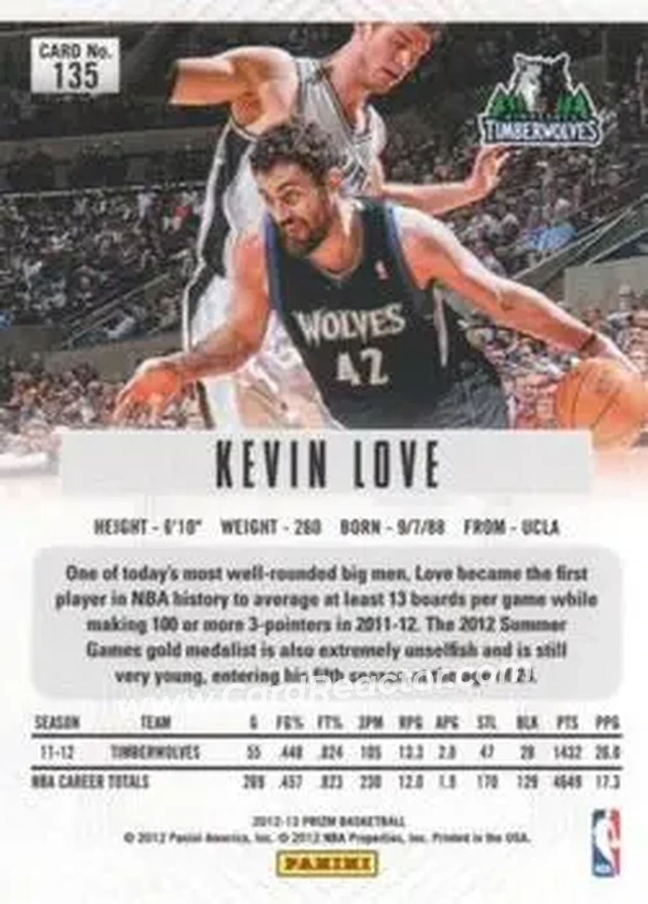 2012-13 Panini Prizm #135 - Kevin Love - Minnesota Timberwolves - Back