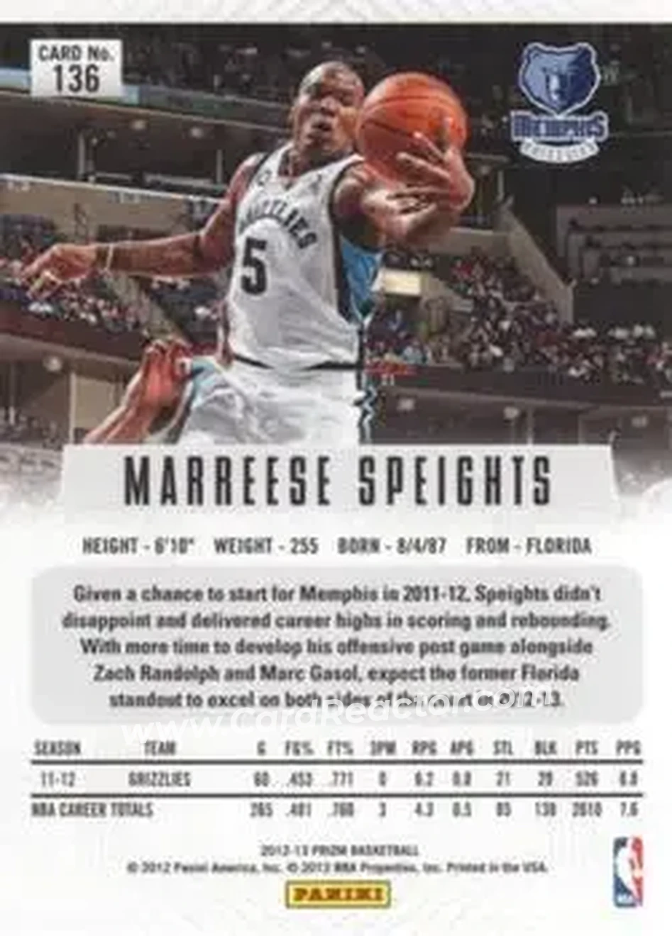 2012-13 Panini Prizm #136 - Marreese Speights - Memphis Grizzlies - Back