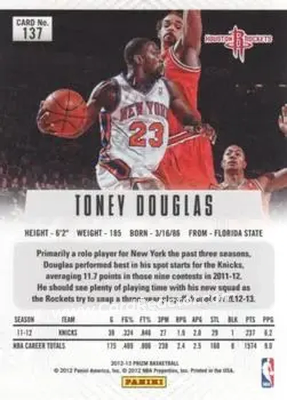 2012-13 Panini Prizm #137 - Toney Douglas - Houston Rockets - Back