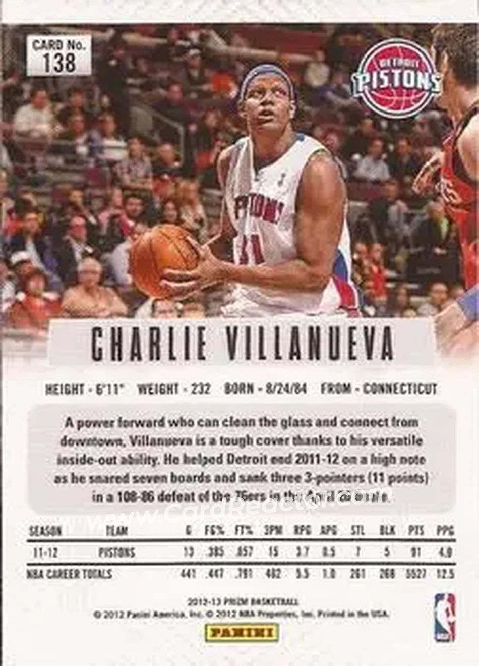 2012-13 Panini Prizm #138 - Charlie Villanueva - Detroit Pistons - Back