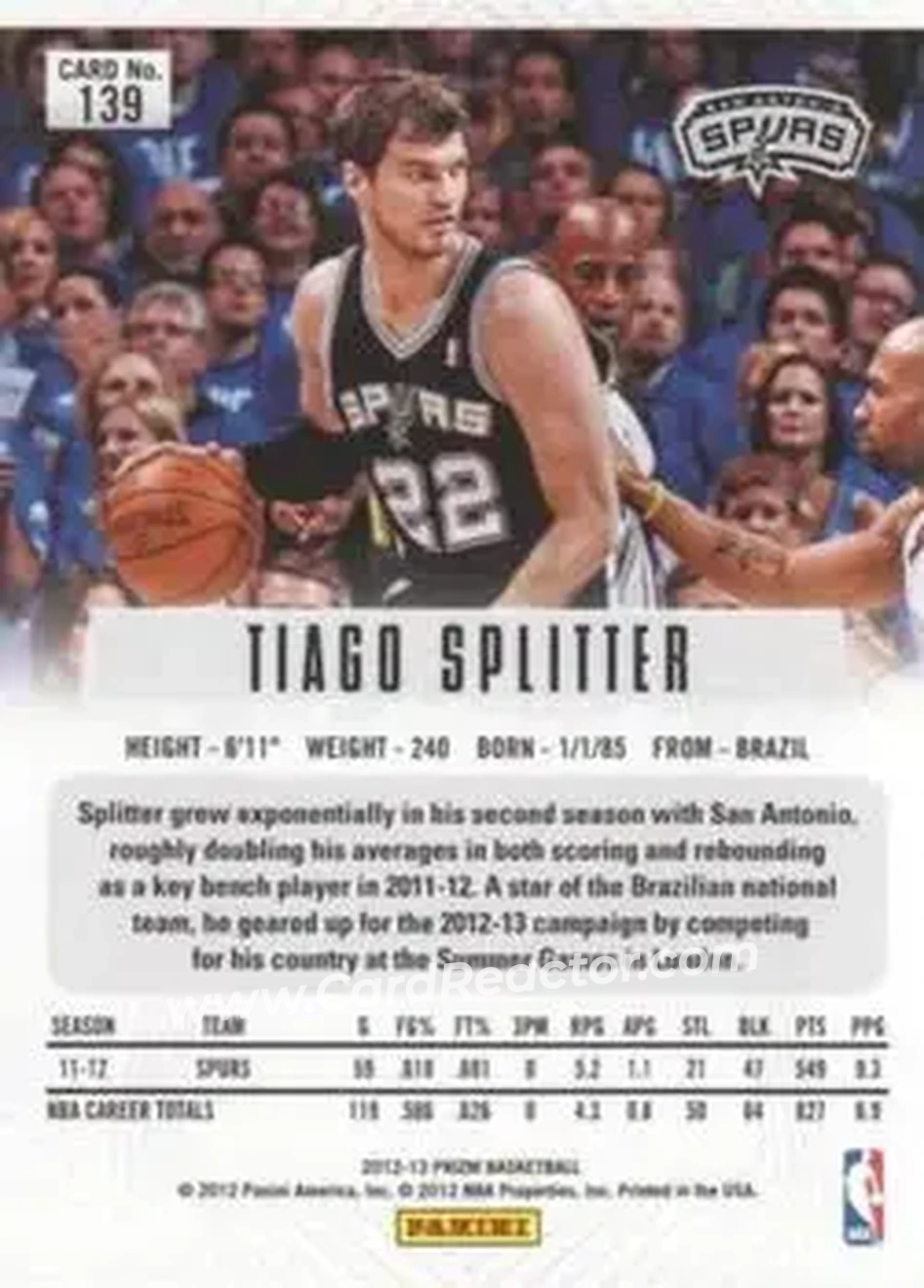 2012-13 Panini Prizm #139 - Tiago Splitter - San Antonio Spurs - Back 2012-13 Panini Prizm #139 - Tiago Splitter - San Antonio Spurs - Back