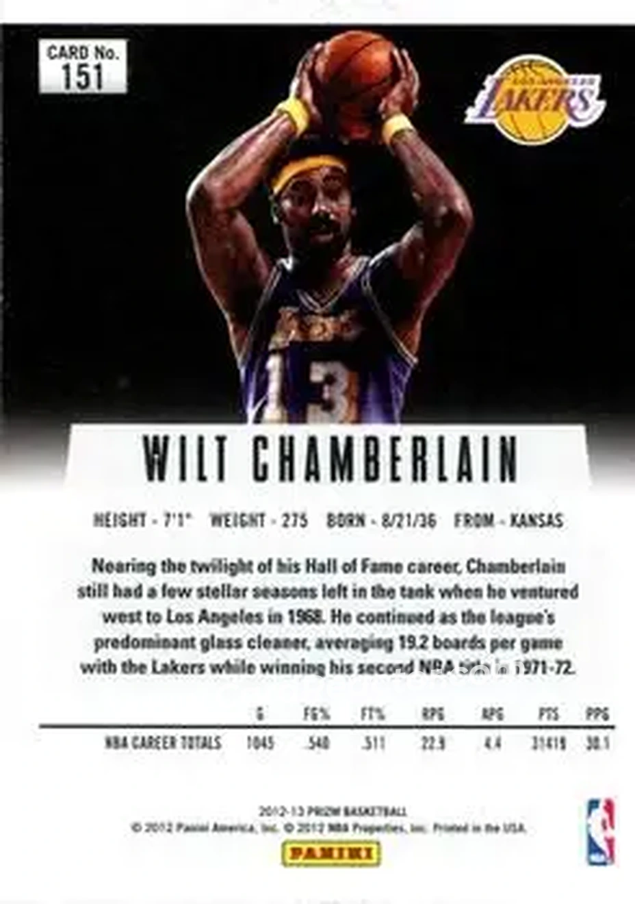 2012-13 Panini Prizm #151 - Wilt Chamberlain - Los Angeles Lakers - Back