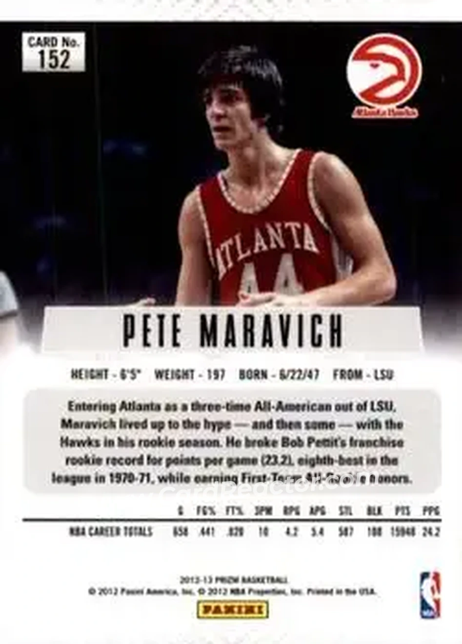 2012-13 Panini Prizm #152 - Pete Maravich - Atlanta Hawks - Back