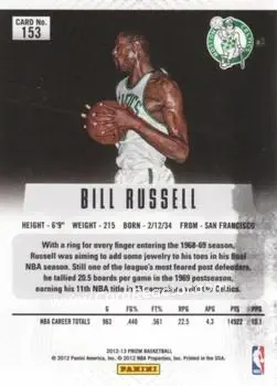 2012-13 Panini Prizm #153 - Bill Russell - Boston Celtics - Back