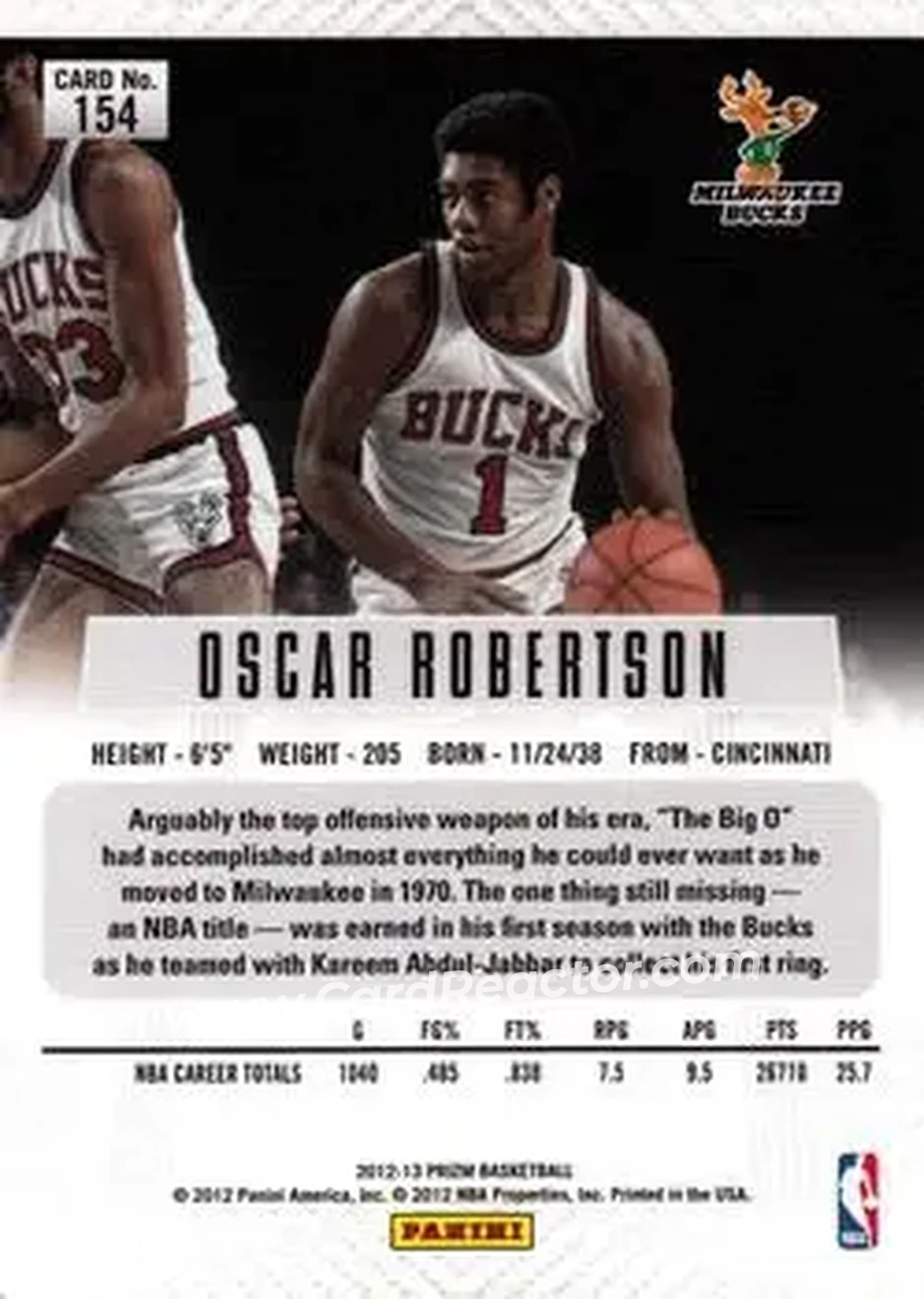 2012-13 Panini Prizm #154 - Oscar Robertson - Milwaukee Bucks - Back