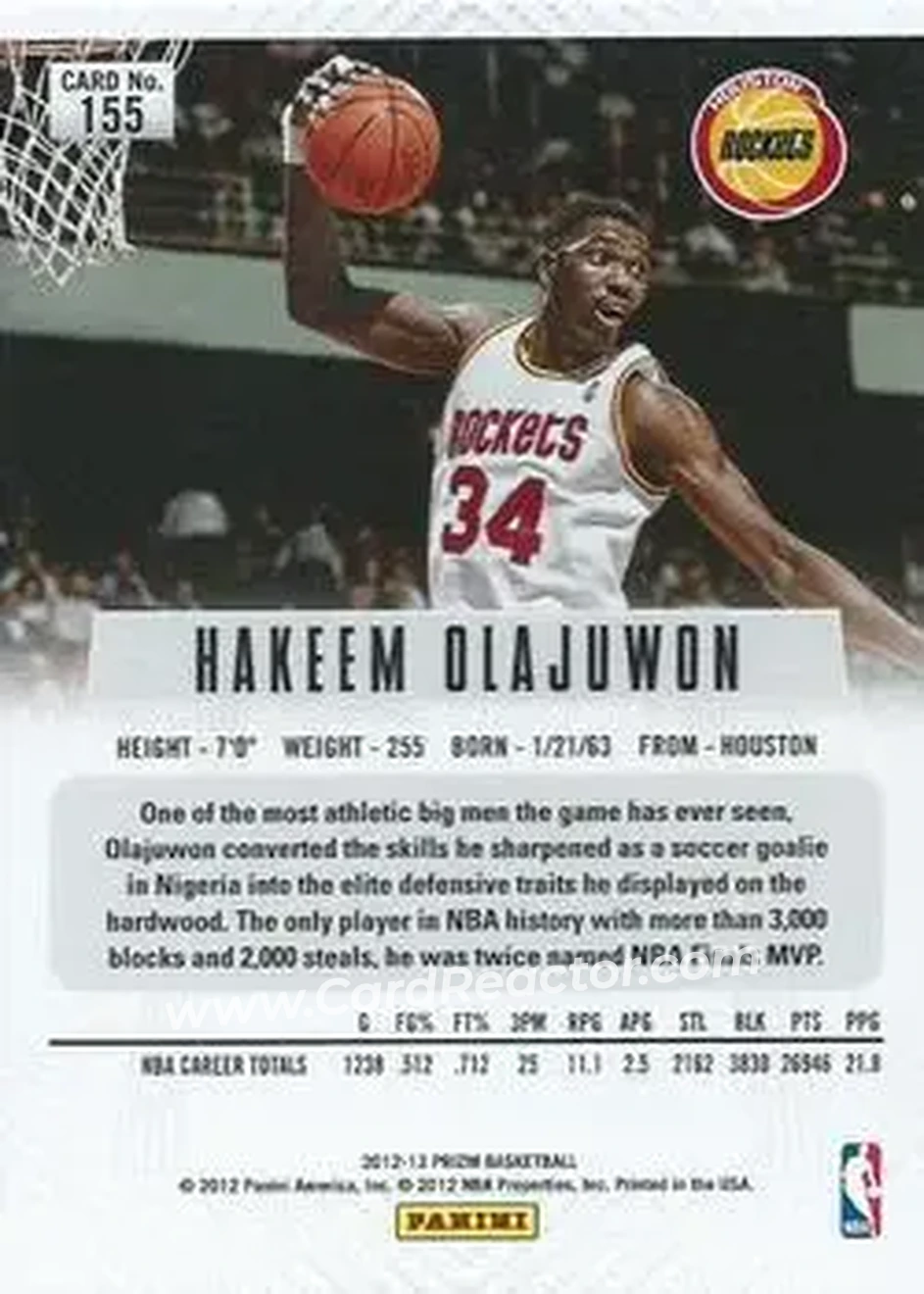 2012-13 Panini Prizm #155 - Hakeem Olajuwon - Houston Rockets - Back