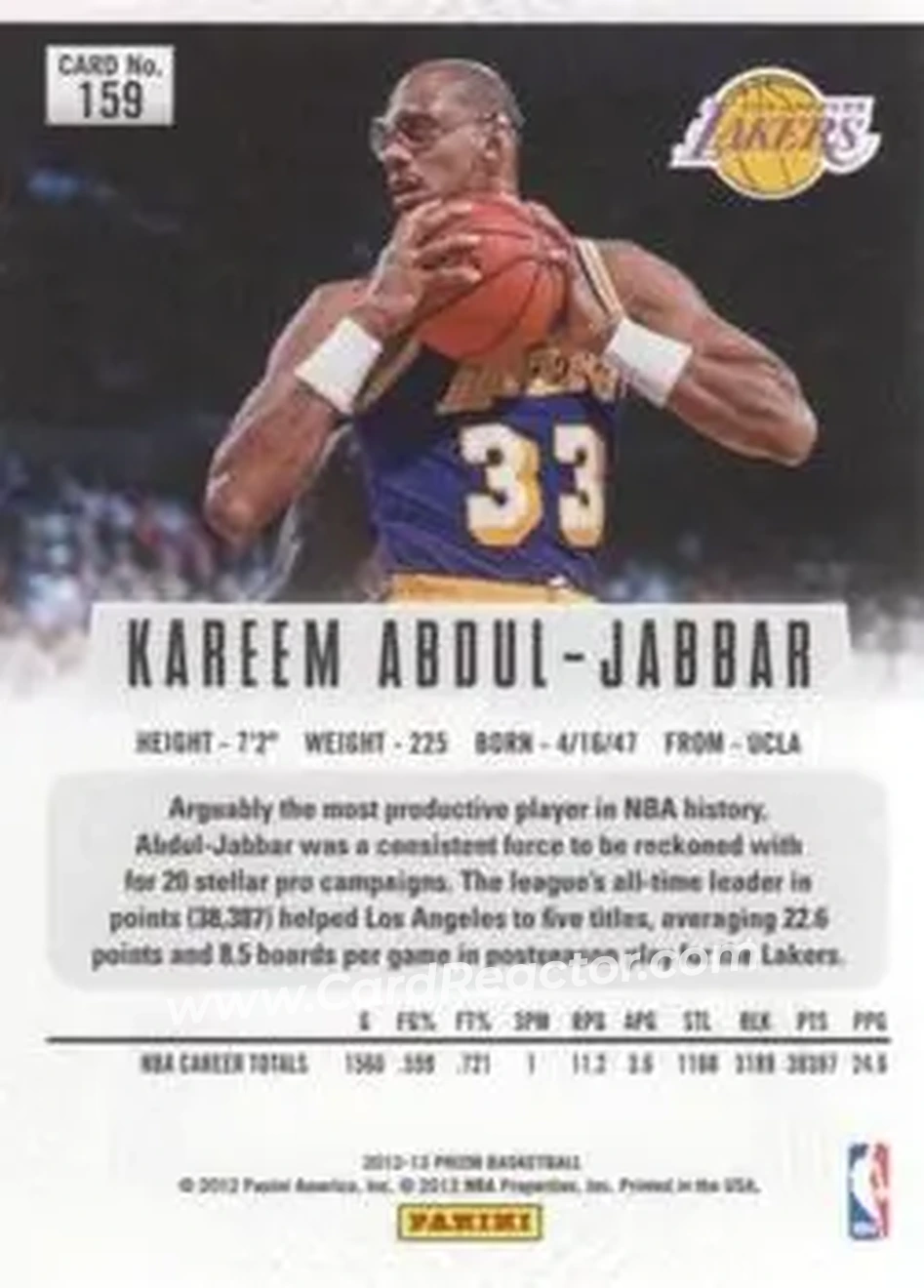 2012-13 Panini Prizm #159 - Kareem Abdul-Jabbar - Los Angeles Lakers - Back