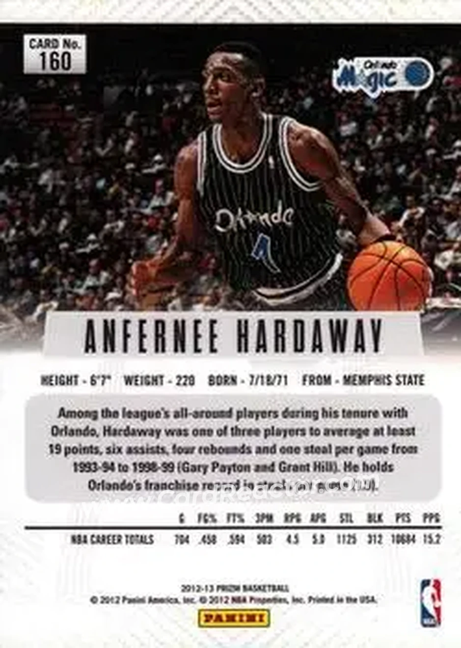2012-13 Panini Prizm #160 - Anfernee Hardaway - Orlando Magic - Back