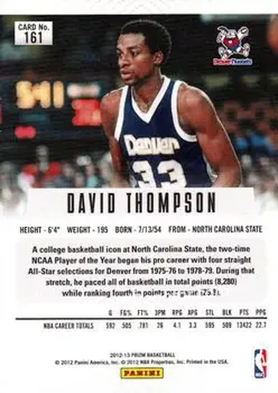 2012-13 Panini Prizm #161 - David Thompson - Denver Nuggets - Back 2012-13 Panini Prizm #161 - David Thompson - Denver Nuggets - Back