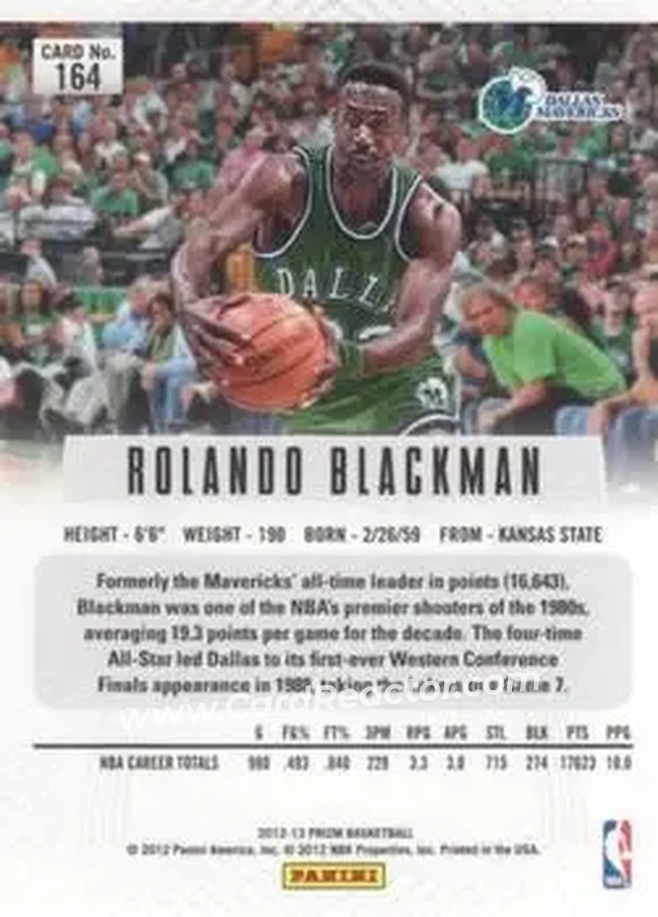 2012-13 Panini Prizm #164 - Rolando Blackman - Dallas Mavericks - Back