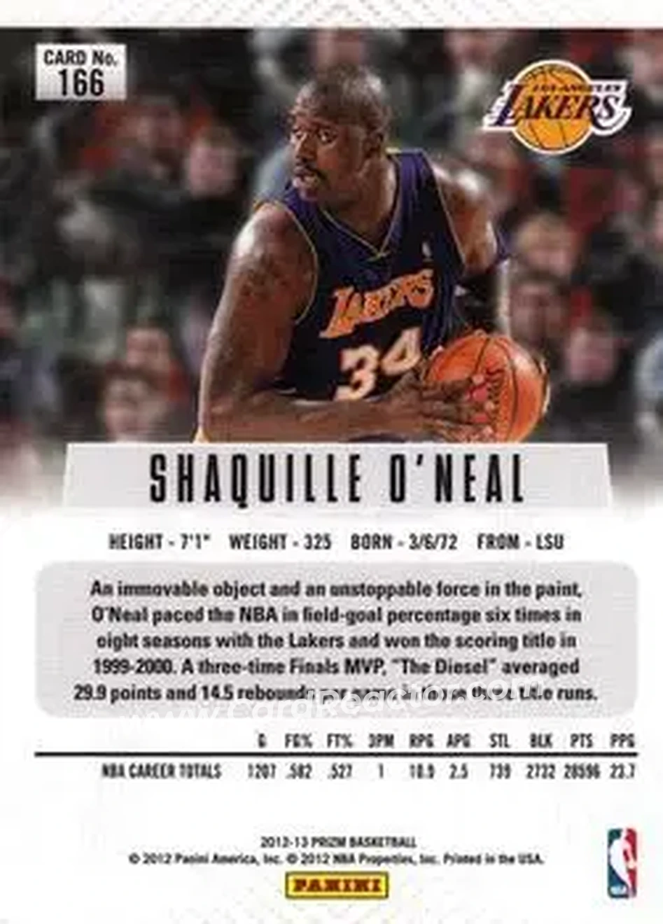 2012-13 Panini Prizm #166 - Shaquille O'Neal - Los Angeles Lakers - Back 2012-13 Panini Prizm #166 - Shaquille O'Neal - Los Angeles Lakers - Back