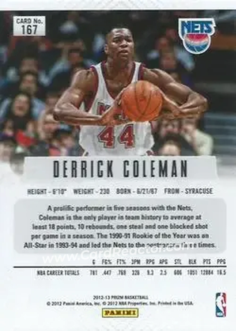 2012-13 Panini Prizm #167 - Derrick Coleman - New Jersey Nets - Back 2012-13 Panini Prizm #167 - Derrick Coleman - New Jersey Nets - Back