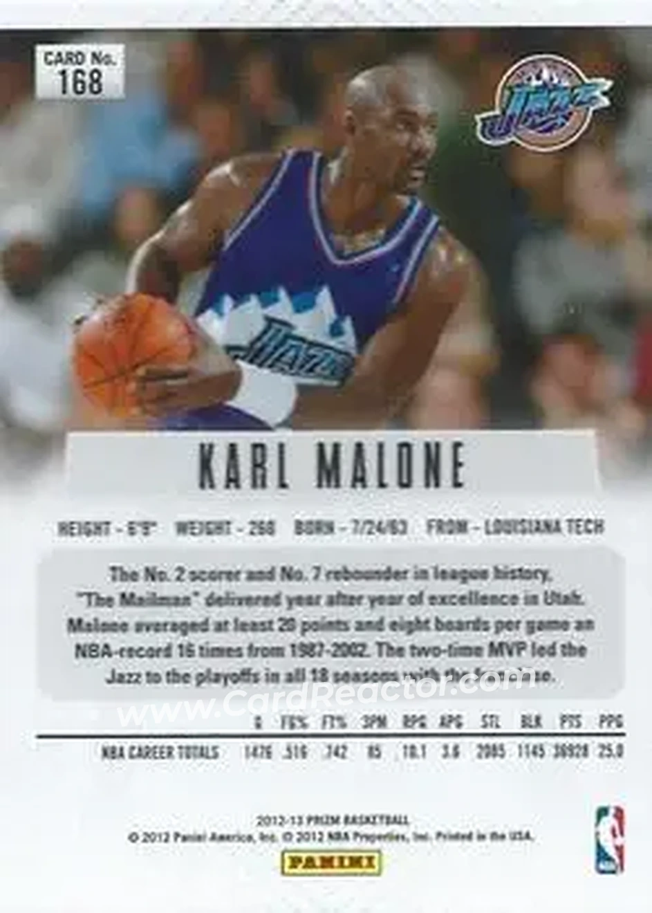 2012-13 Panini Prizm #168 - Karl Malone - Utah Jazz - Back 2012-13 Panini Prizm #168 - Karl Malone - Utah Jazz - Back