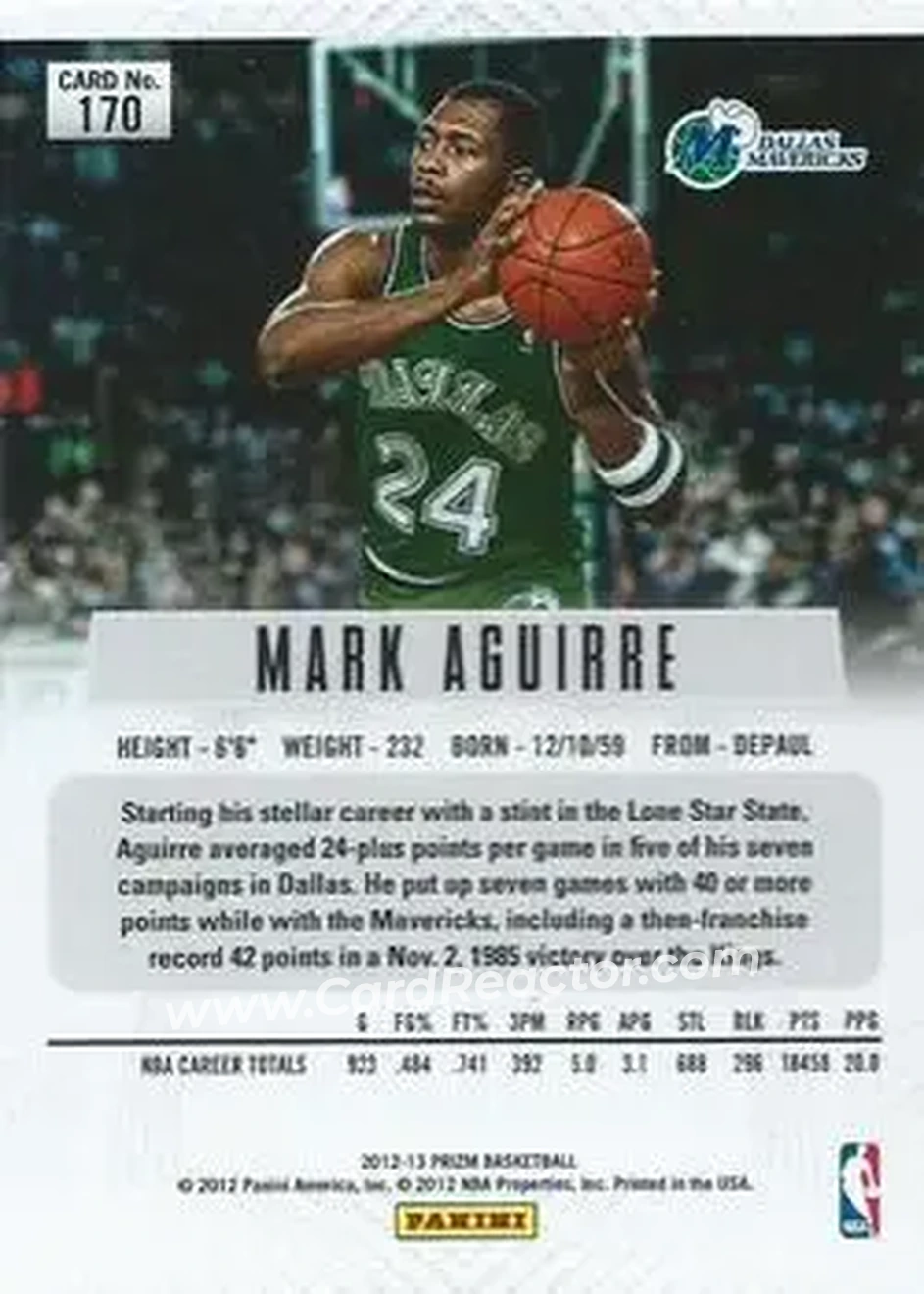 2012-13 Panini Prizm #170 - Mark Aguirre - Dallas Mavericks - Back 2012-13 Panini Prizm #170 - Mark Aguirre - Dallas Mavericks - Back
