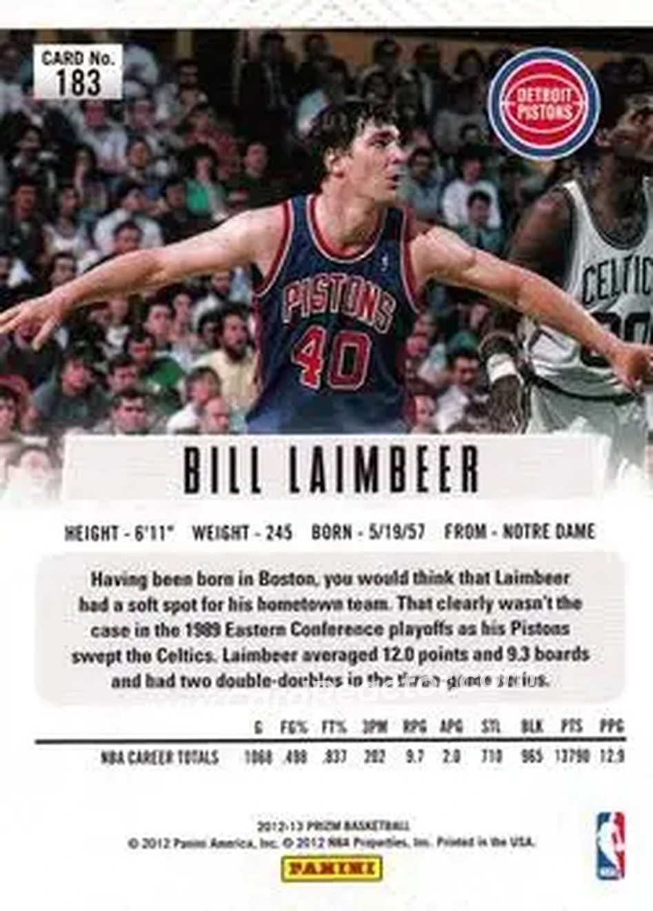 2012-13 Panini Prizm #183 - Bill Laimbeer - Detroit Pistons - Back