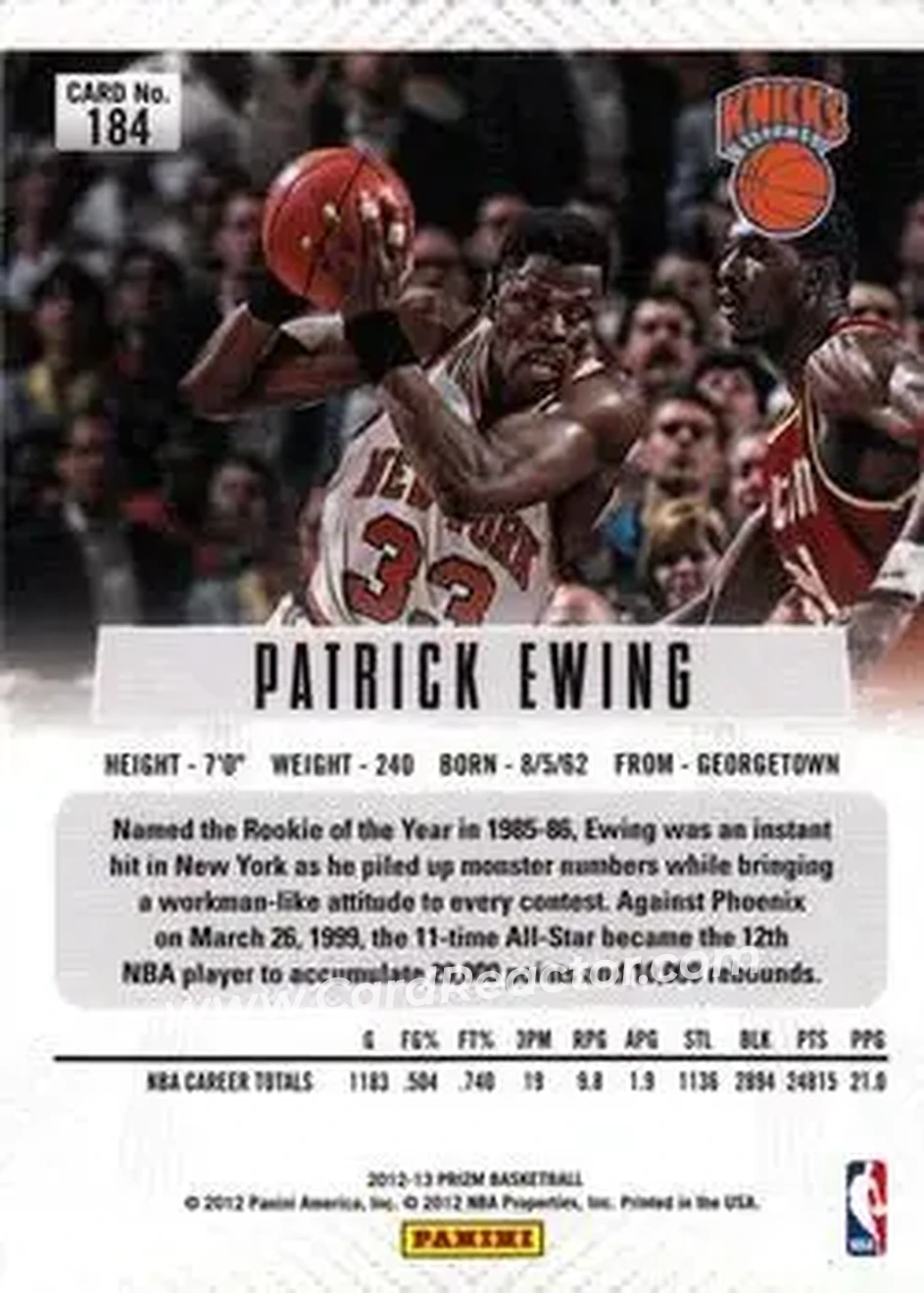 2012-13 Panini Prizm #184 - Patrick Ewing - New York Knicks - Back 2012-13 Panini Prizm #184 - Patrick Ewing - New York Knicks - Back