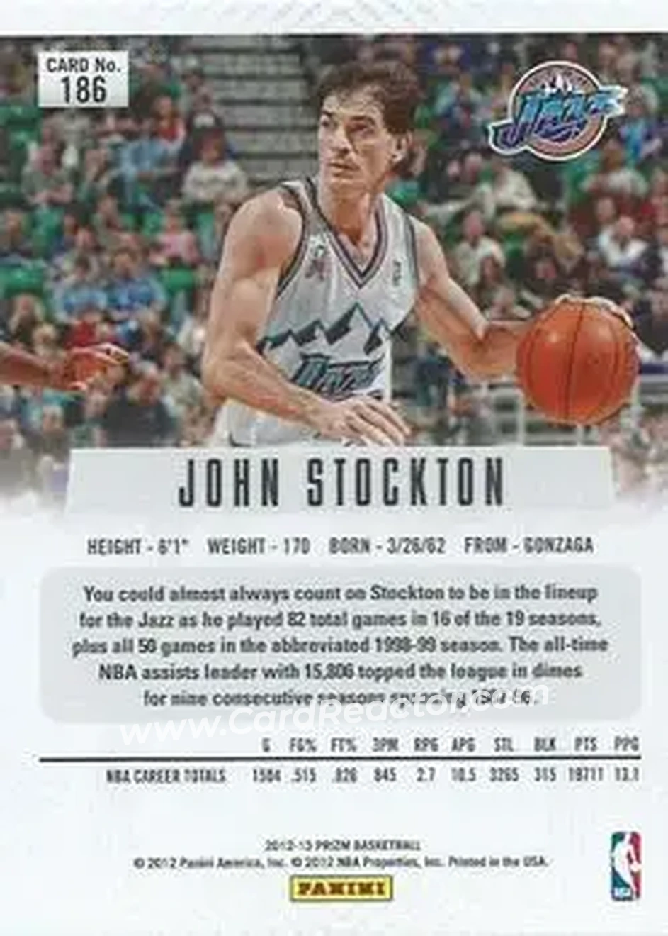 2012-13 Panini Prizm #186 - John Stockton - Utah Jazz - Back