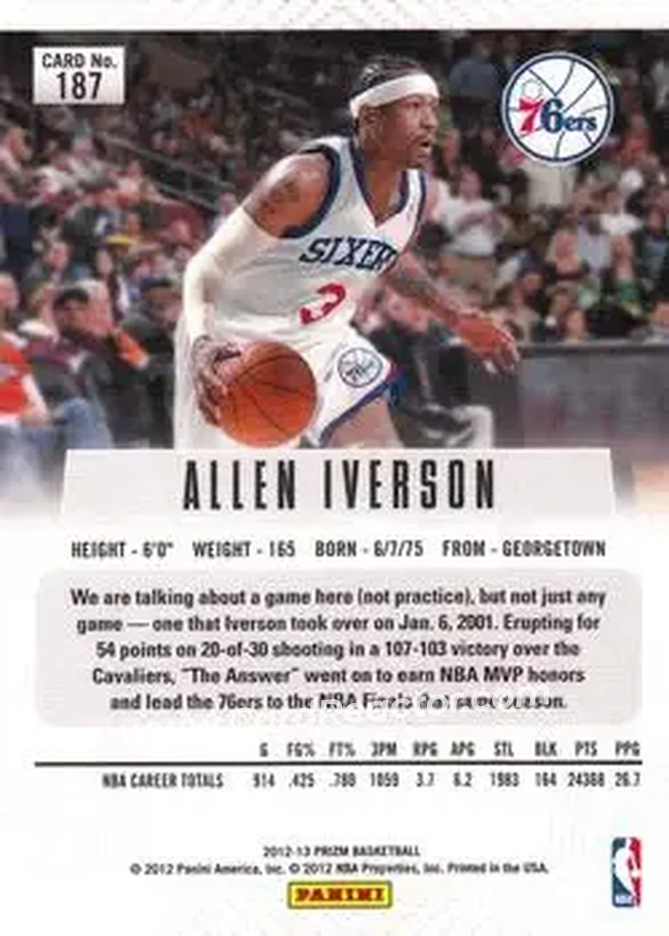 2012-13 Panini Prizm #187 - Allen Iverson - Philadelphia 76ers - Back
