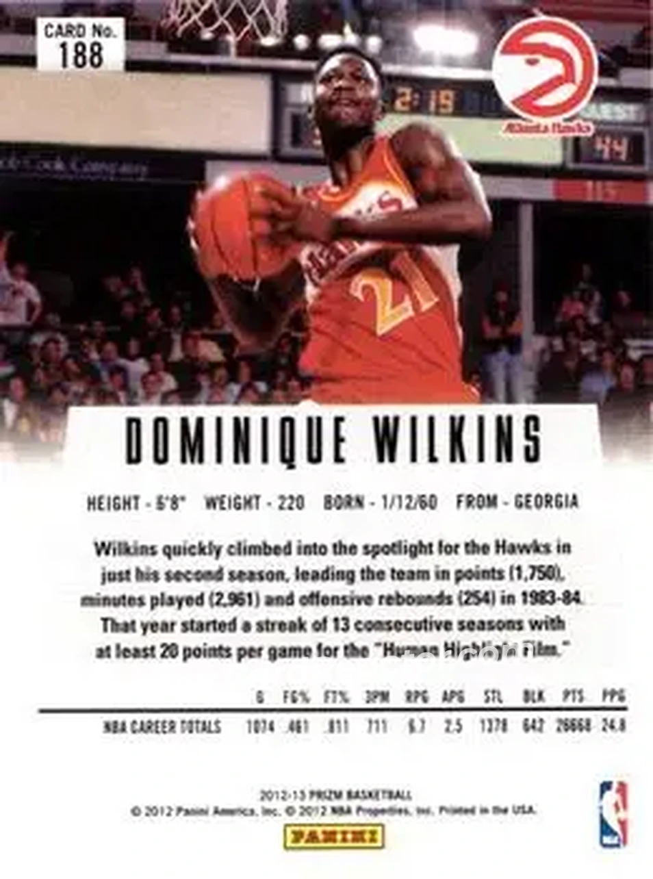 2012-13 Panini Prizm #188 - Dominique Wilkins - Atlanta Hawks - Back 2012-13 Panini Prizm #188 - Dominique Wilkins - Atlanta Hawks - Back