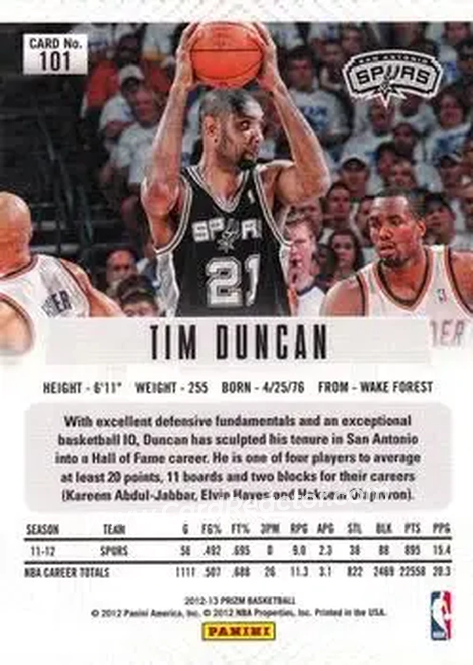 2012-13 Panini Prizm #101 - Tim Duncan - San Antonio Spurs - Back