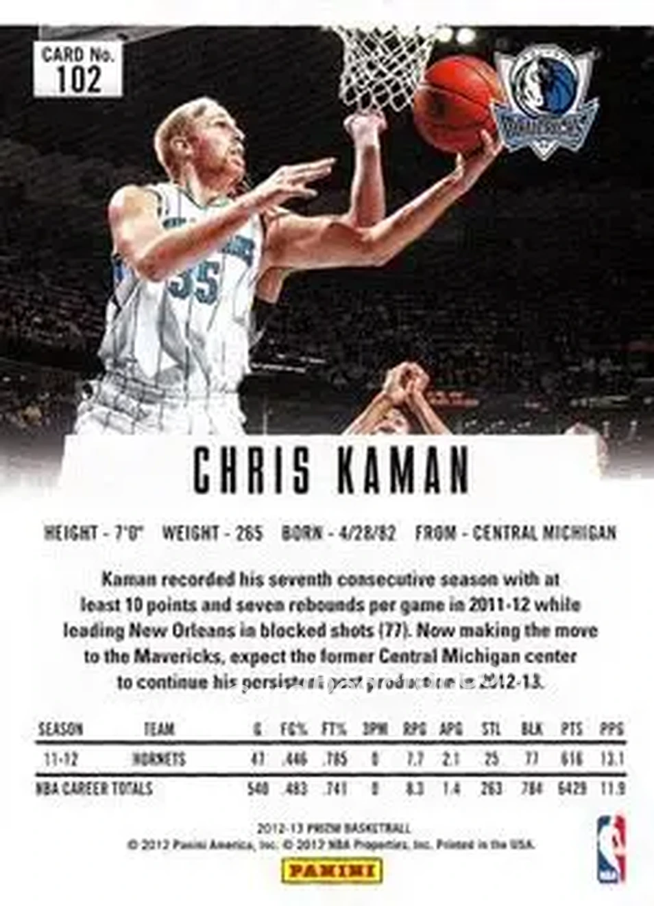 2012-13 Panini Prizm #102 - Chris Kaman - Dallas Mavericks - Back