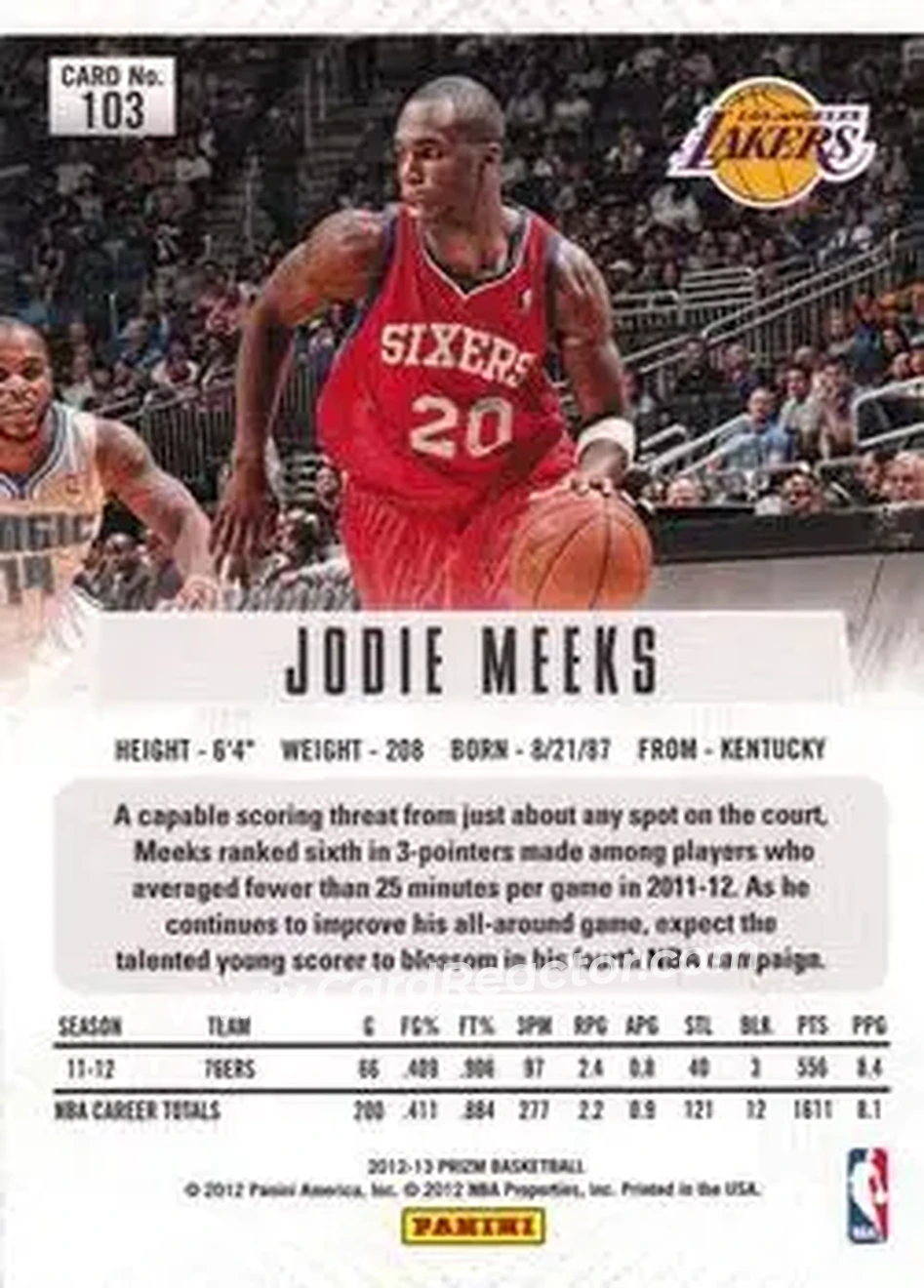 2012-13 Panini Prizm #103 - Jodie Meeks - Los Angeles Lakers - Back 2012-13 Panini Prizm #103 - Jodie Meeks - Los Angeles Lakers - Back