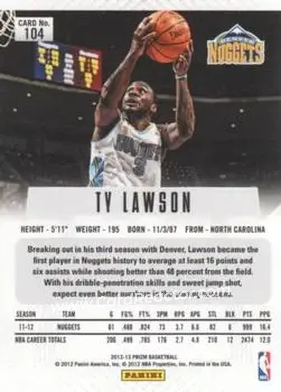 2012-13 Panini Prizm #104 - Ty Lawson - Denver Nuggets - Back