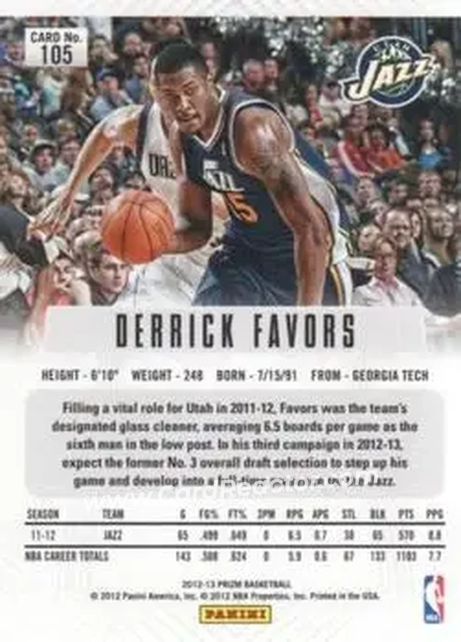 2012-13 Panini Prizm #105 - Derrick Favors - Utah Jazz - Back