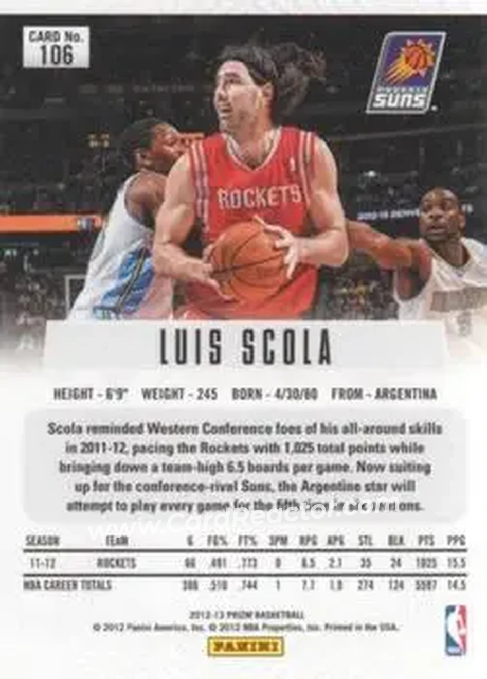 2012-13 Panini Prizm #106 - Luis Scola - Phoenix Suns - Back 2012-13 Panini Prizm #106 - Luis Scola - Phoenix Suns - Back